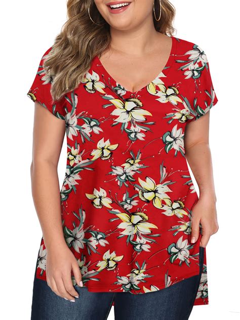 Fancyglim Women's Plus Size Tee Shirt Summer Floral Short Sleeve Tops ...