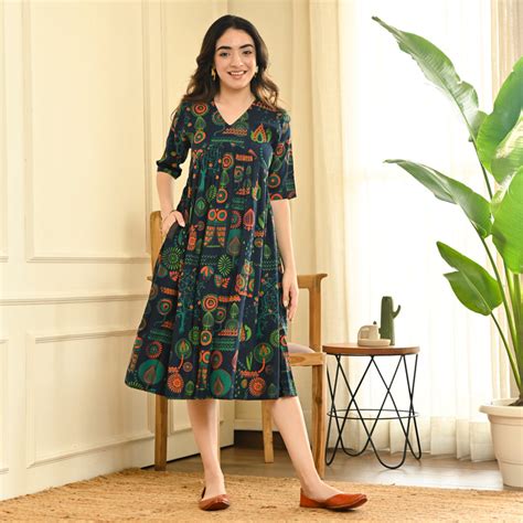 Buy Indigo Abstract Print Flared Dress | Rustorange