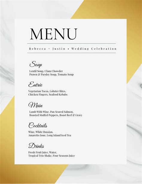 Image result for Wedding Reception Menu Examples