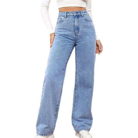 Womens Straight Leg Denim Pants Elastic High Waist Jeans Soft Comfy ...