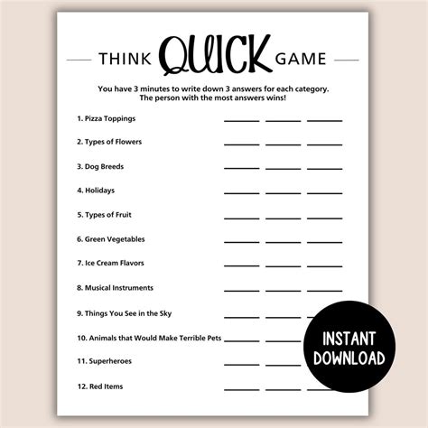 Icebreaker Game, Printable Think Quick Game, Printable Party Game, Game ...