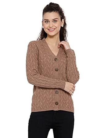 Buy Kalt Women Full Sleeves Cable Button Acrylic V-Neck Sweater(Coffee ...