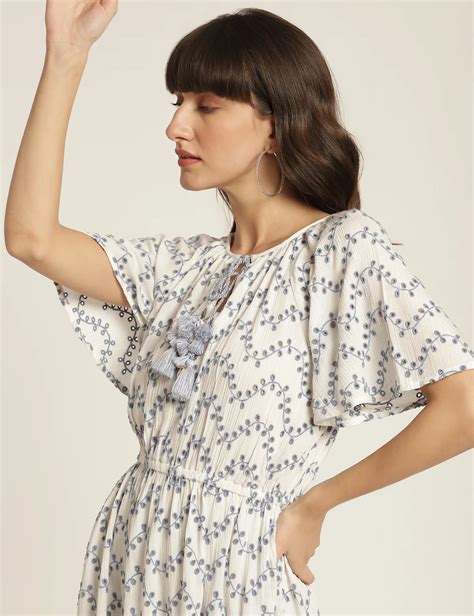 Viscose Schiffli Embroidery Tie Neck Dress