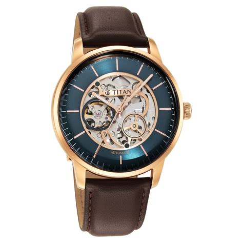 Buy Online Titan Skeletal Automatic Blue Dial Brown Leather Strap Watch ...