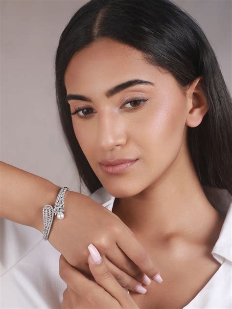 Priyaasi Leaf Pearl AD Silver-Plated Bracelet