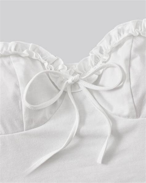 Sweetheart Neck Frill Trim Knot Front Puff Sleeve Crop White Top ...