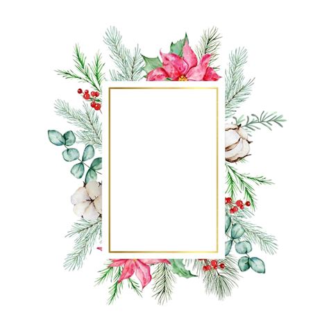 Akwarela rama kwiatowy Boże Narodzenie. Pocztówka z motywem botanicznym ...
