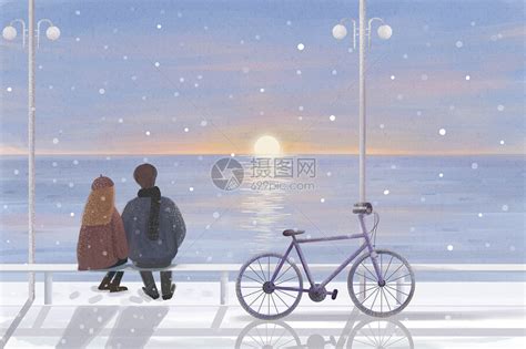 冬天情侣海边看雪浪漫插画插画图片下载-正版图片401870148-摄图网