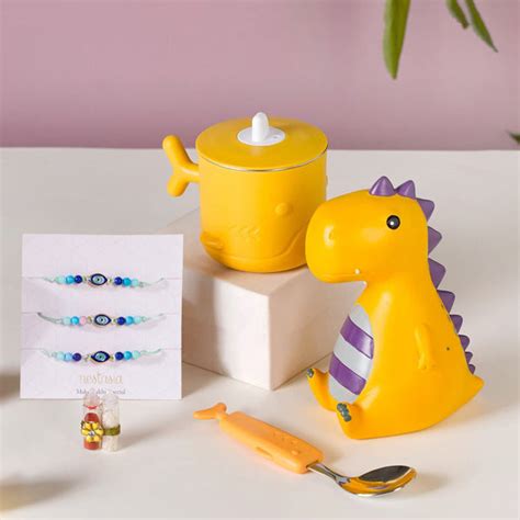 Yellow Dino Rakhi Hamper For Kids Set Of 6 Online - Premium Gift Hamper ...