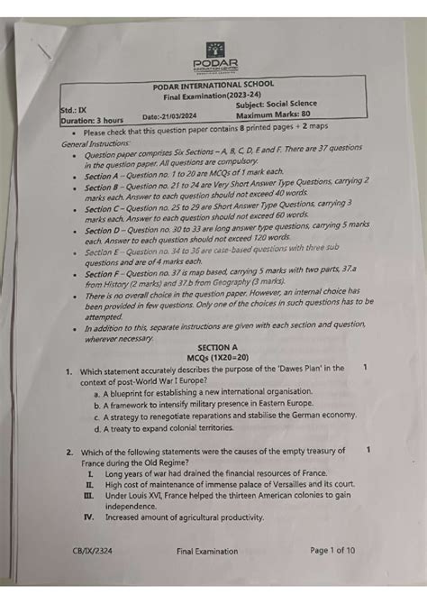 PODAR INTERNATIONAL SCHOOL Final Exam: Social Science Std. IX Question ...