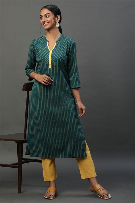 Buy Teal Green Band Collar Printed Kurta Online for Woman | Shop for ...