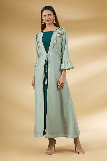 Buy Samyukta Singhania Green Muslin Embroidered Dress With Jacket ...