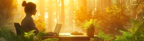 Serene morning work session in nature a woman using laptop surrounded ...