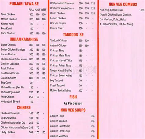 Menu at Punjabi Tawa, Panchkula