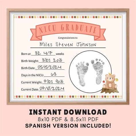 NICU Bear Graduation Diploma Certificate, SPANISH Included, NICU Footprint Handprint Keepsake ...