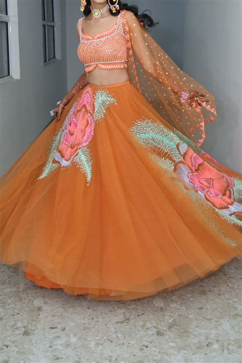 Orange pearl embellished lehenga set – Kuro Clothing India