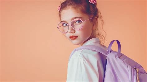 Rose glasses lavender backpack and soft peach background academic ad ...
