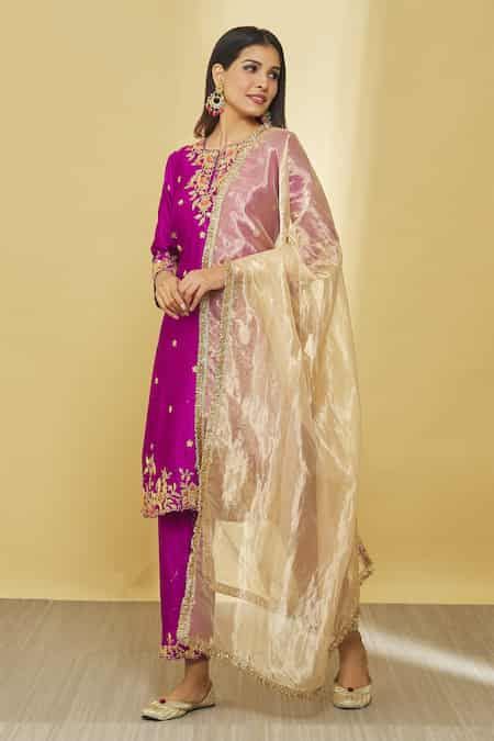 Buy Magenta Pure Spun Silk Hand Embroidered Dori Notched Floral Kurta ...