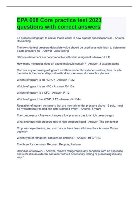EPA 608 Core practice test 2023 questions with correct answers - EPA ...