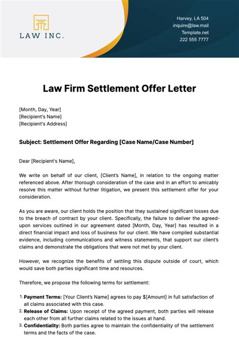 Free Law Firm Settlement Offer Letter Template to Edit Online
