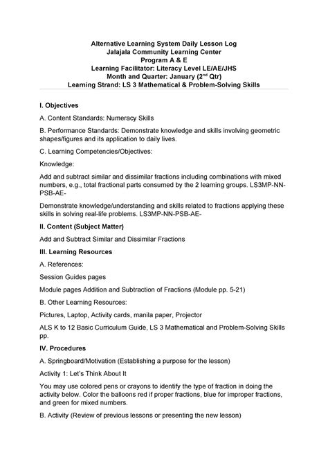 Image result for Alternative Learning System Daily Lesson Log On Math