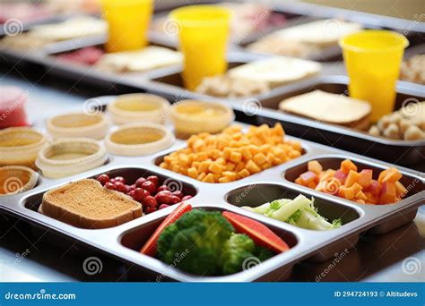 Variety of School Lunch Trays Equal in Portion Size Stock Image - Image ...
