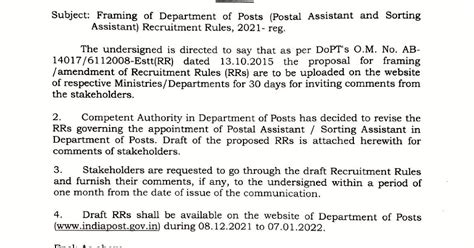 PA SA Recruitment Rules 2021 | Framing of Department of Posts (DOP) PA ...