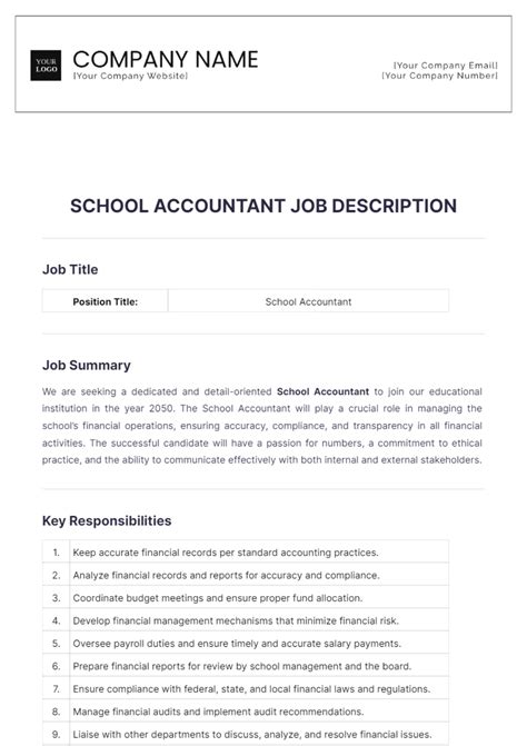 Free School Accountant Job Description Template to Edit Online