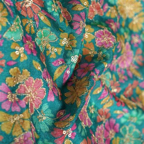 Rama Green Sequence Embroidery With Floral Placement Print Pure Chinno ...