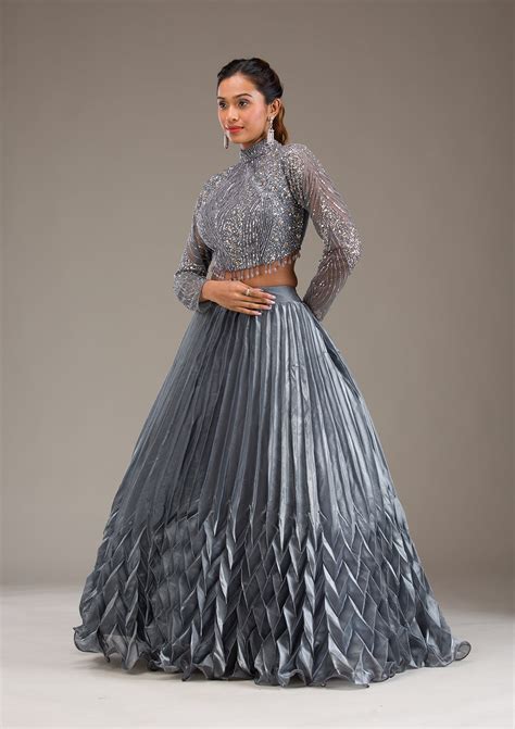 Buy Grey Stonework Tissue Readymade Lehenga - Koskii