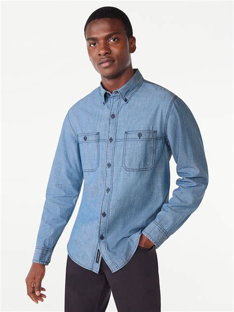 Free Assembly Men's Chambray Shirt with Long Sleeves, Sizes XS-3XL ...