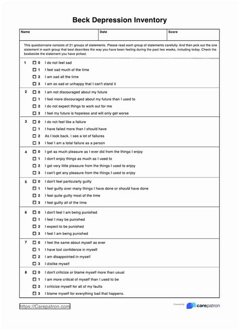 Print Beck Depression Scale Beck Depression Inventory II (BDI II)