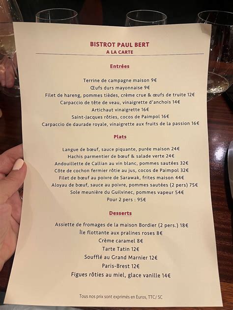 Menu at Bistrot Paul Bert restaurant, Paris