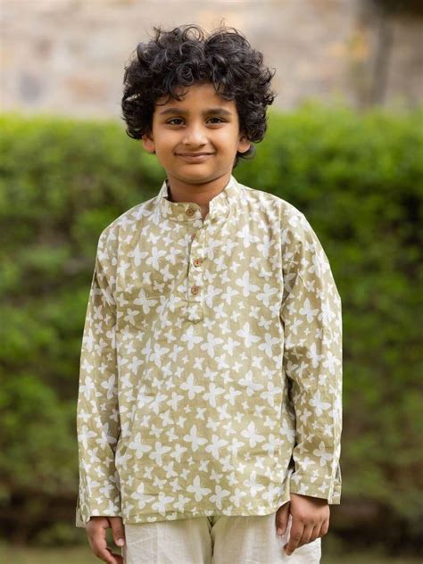 Green & White Boys Organic Cotton Shirt Kurta – Pinklay