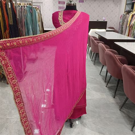 Hot Pink Chanderi Suit - Beautiful Zardosi Neck Design - Classy Chiffon ...