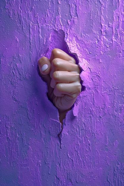View of fist ripping through purple surface for women's day celebration ...