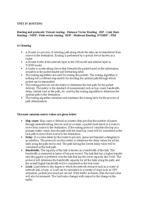 Unit IV - Routing Protocols: Unicast, Multicast, and Algorithms - Studocu