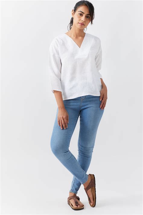 Women Tops | Linen V Neck Top for Women Cloud White