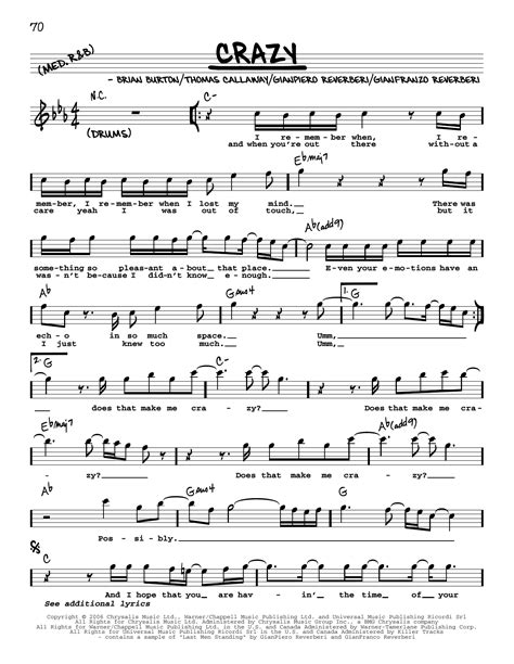 Crazy by Gnarls Barkley Sheet Music for Real Book – Melody, Lyrics ...