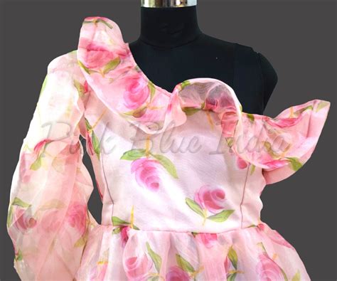Pink One Shoulder Floral Printed Organza Gown