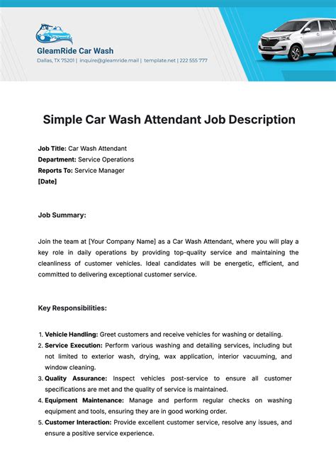 Free Simple Car Wash Attendant Job Description Template to Edit Online
