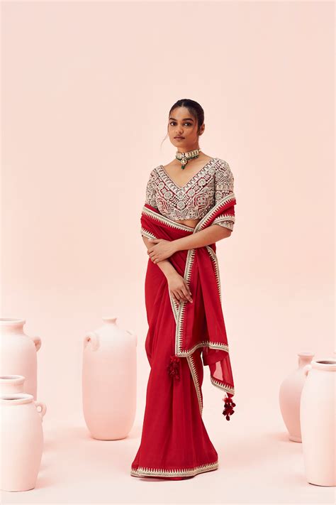 Ruby Red Saree with Embroidered Blouse – Bhumika Sharma