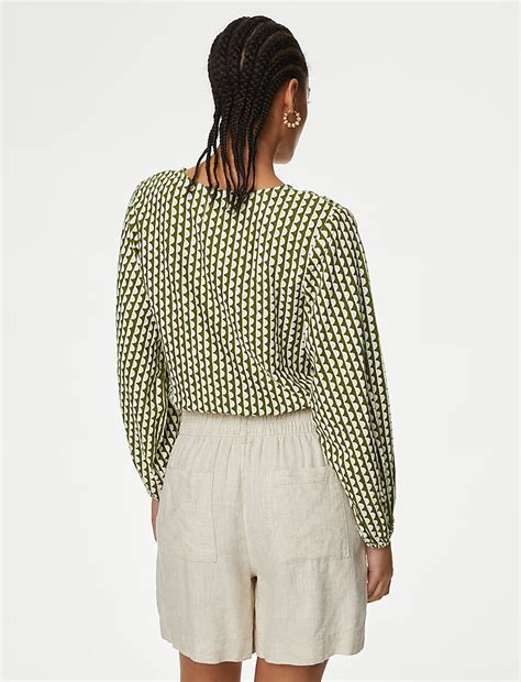 Buy Linen Rich Printed V-Neck Wrap Top at Marks & Spencer