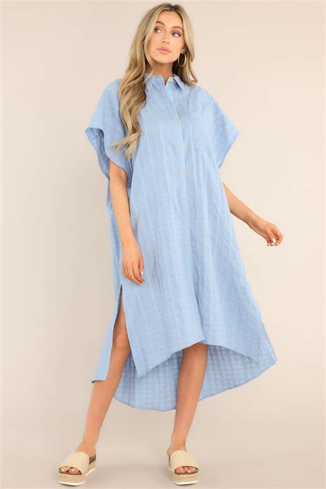 Oversized Sky Blue Midi Shirt Dress - All Dresses | Red Dress