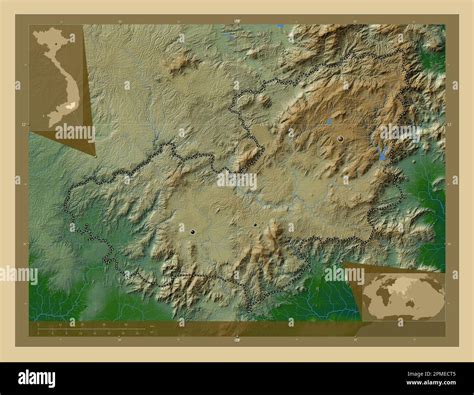 Lam ong, province of Vietnam. Colored elevation map with lakes and rivers. Locations of major ...