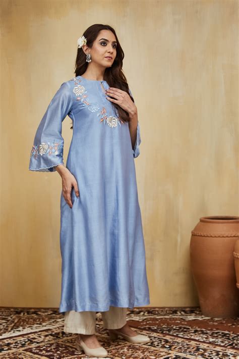 Mushio - Pastel Blue Chanderi Safa Kurta Set - Elahe