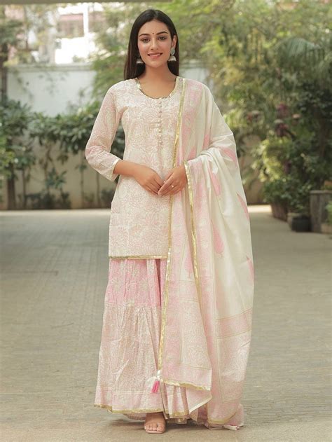 Pink Hand Block Printed Cotton Sharara Suit - Set of 3