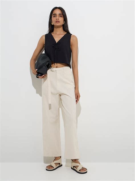 Buy LOV Beige High-Rise Cotton-Blend Trousers with Belt from Westside