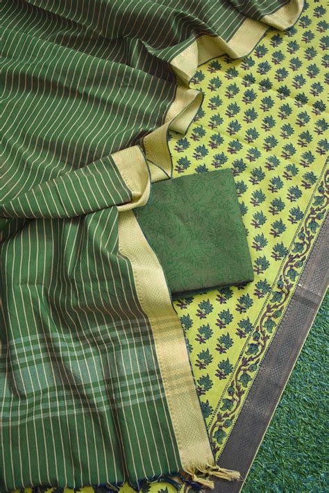 Elegant Handwoven Kovai Cotton suit with Hand block print – India1001.com