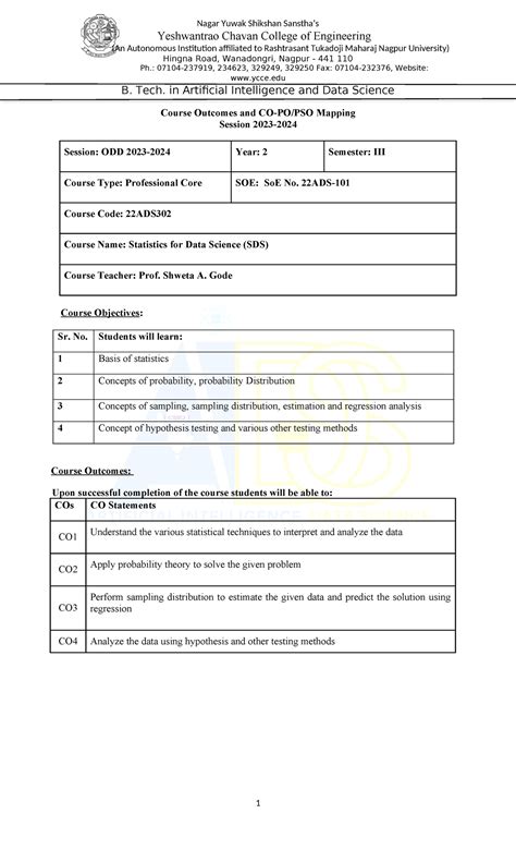 CO-PO Mapping 3rd sem AIDS - Yeshwantrao Chavan College of Engineering ...